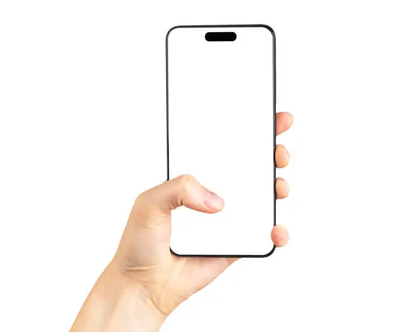 MINSK, BELARUS - NOVEMBER 14 2022 Iphone screen mockup with thumb tapping, clicking on blank smartphone display of iphon 14 pro isolated on white background. Modern smartphone mock up.