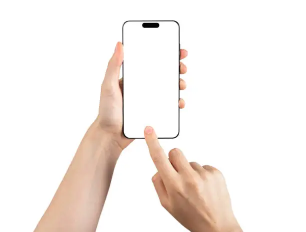 MINSK, BELARUS - NOVEMBER 14 2022 I-phone screen mock up with finger pointing, clicking on smartphone display of new iphone 14 pro isolated on white background. Template for app. Smartphone mockup.