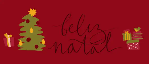 Vector illustration of Merry Christmas in portuguese Feliz Natal handwritten lettering calligraphy. Christmas tree, presents hand drawn illustration. Vector web banner