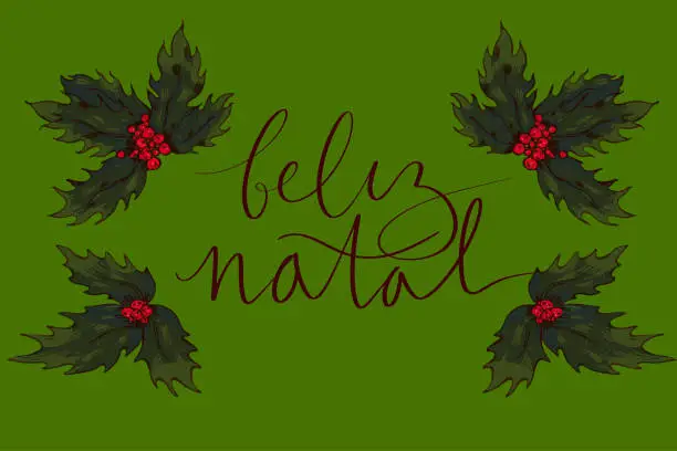 Vector illustration of Merry Christmas in portuguese Feliz Natal handwritten lettering calligraphy. Mistletoe hand drawn illustration. Vector web banner