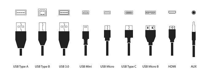 Black cabels icon set. Usb type A, type B, type C, 3.0, micro, mini, Micro B, AUX, HDMI. Vector EPS 10