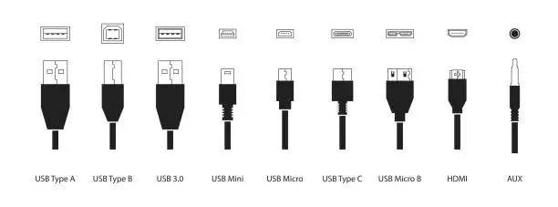 Vector illustration of Black cabels icon set. Usb type A, type B, type C, 3.0, micro, mini, Micro B, AUX, HDMI. Vector EPS 10