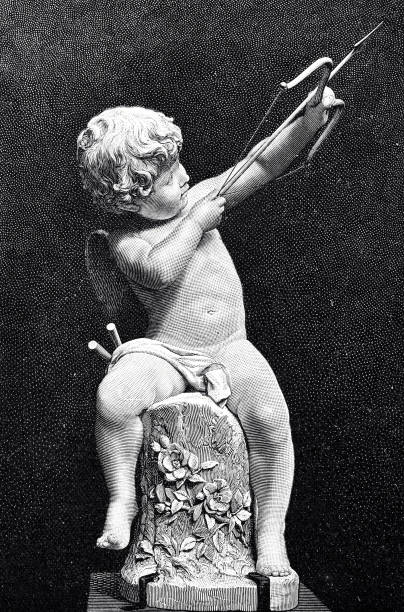 Amor statue aiming with his bow and arrow Illustration from 19th century. cupid stock illustrations