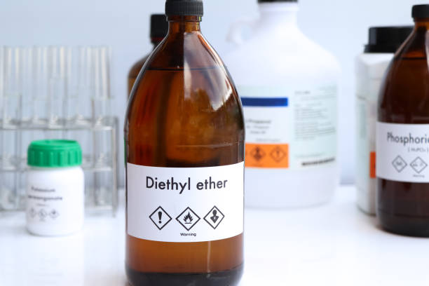 Diethyl ether in glass, chemical in the laboratory and industry Diethyl ether in glass, chemical in the laboratory and industry, Chemicals used in the analysis ether stock pictures, royalty-free photos & images