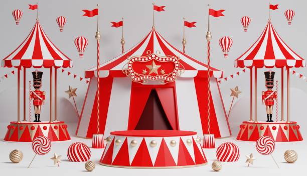 istock 3d Carnival podium with many rides and shops circus tent 3d illustration 1446495211