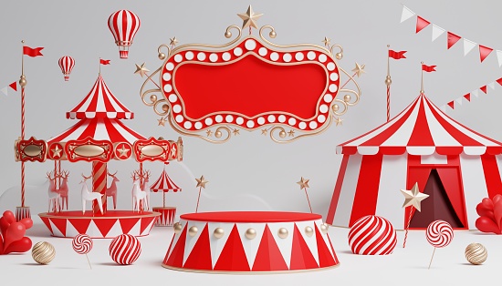 3d Carnival podium with many rides and shops circus tent 3d illustration