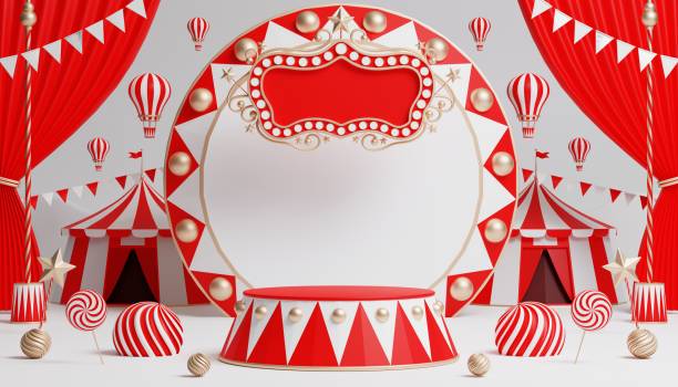 istock 3d Carnival podium with many rides and shops circus tent 3d illustration 1446495219