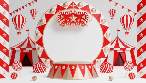 istock 3d Carnival podium with many rides and shops circus tent 3d illustration 1446495221