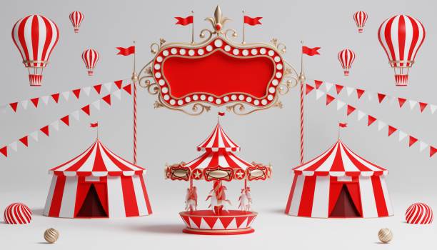 istock 3d Carnival podium with many rides and shops circus tent 3d illustration 1446495229