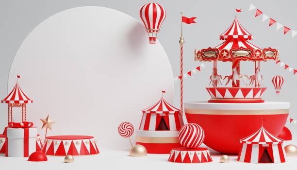 istock 3d Carnival podium with many rides and shops circus tent 3d illustration 1446495230