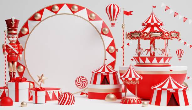 istock 3d Carnival podium with many rides and shops circus tent 3d illustration 1446495235