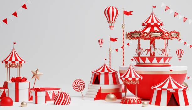 istock 3d Carnival podium with many rides and shops circus tent 3d illustration 1446495236