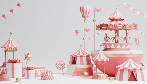 istock 3d Carnival podium with many rides and shops circus tent 3d illustration 1446495240