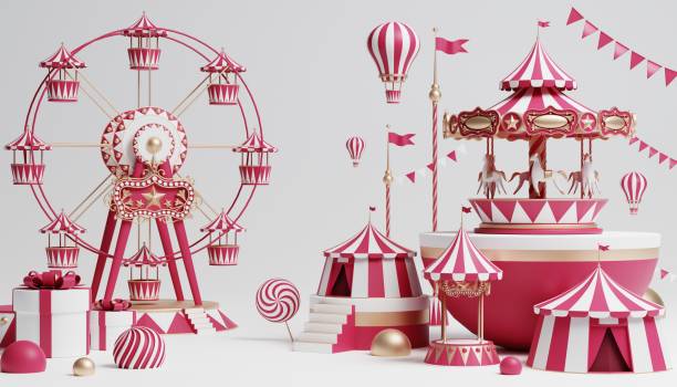 istock 3d Carnival podium with many rides and shops circus tent 3d illustration 1446495254