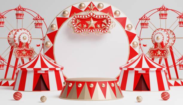 istock 3d Carnival podium with many rides and shops circus tent 3d illustration 1446495260