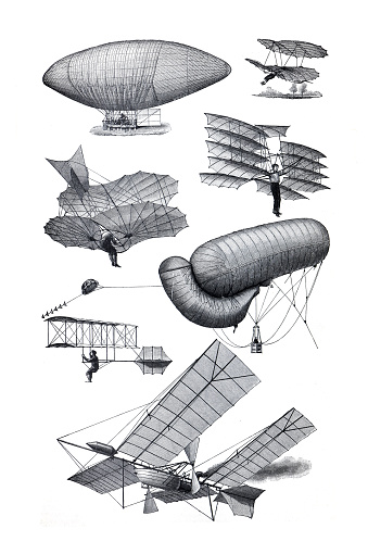 First airplanes collection. collection of the first aircraft like zeppelin and lilienthals. hand drawn engraved antique illustration.