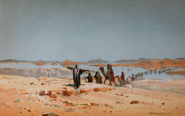 Desert walk poster. Camel caravan in desert at sunset. vintage hand drawn engraved illustration. retro desert poster or wallpaper.