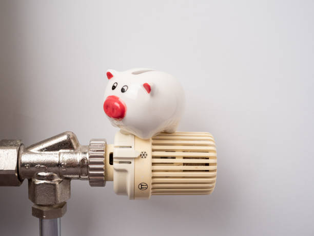 istock Piggy bank on a heating radiator with a temperature regulator. 1446495810