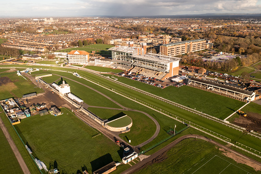 York Racecourse, UK - December 3, 2022.  An aerial view of York Racecourse with Grandstand and paddock at the course winning post