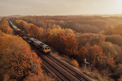 Wakefield, UK - December 2, 2022.  A UK Freightliner Intermodal Class 66 Locomotive freight train hauling shipping containers through Autumnal woodland countryside with copy space