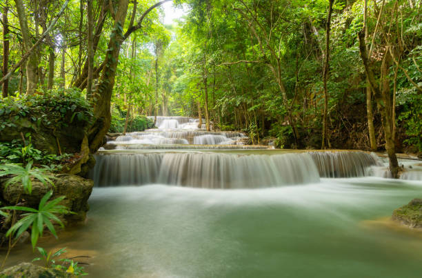 wodospad erawan. krajobraz przyrody dzielnicy kanchanaburi w okolicy naturalnej. znajduje się w tajlandii na wycieczkę na wakacje i wakacje tle, atrakcją turystyczną. - travel travel locations nature erawan zdjęcia i obrazy z banku zdjęć