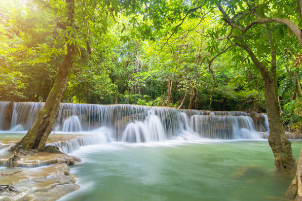 wodospad erawan. krajobraz przyrody dzielnicy kanchanaburi w okolicy naturalnej. znajduje się w tajlandii na wycieczkę na wakacje i wakacje tle, atrakcją turystyczną. - travel travel locations nature erawan zdjęcia i obrazy z banku zdjęć