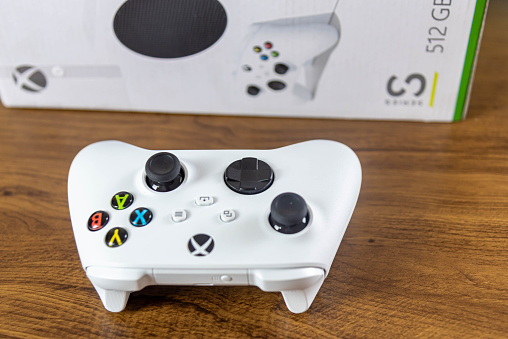 Xbox series console controller. Xbox series s series white controller. Video game. microsoft product. White joystick. Electronic game.