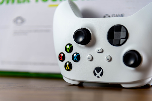 Xbox series console controller. Xbox series s series white controller. Video game. microsoft product. White joystick. Electronic game.