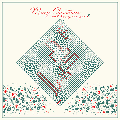 Square red and green coloured minimal Christmas card with a Maze design. Solution and text are on different layers.