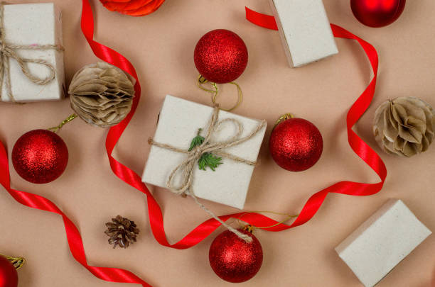 istock Christmas background with gift boxes red baubles and ribbon 1446505260