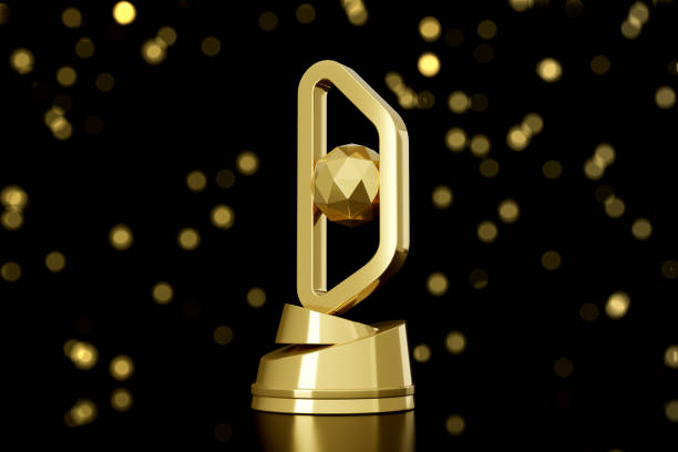 istock Golden Trophy Award on Black Background with Bokeh - 3D Illustration 1446506538