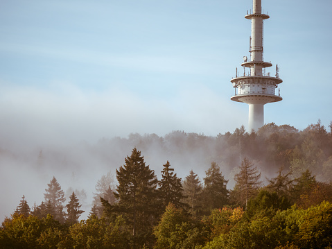 The Bielefeld TV tower in the fog in the middle of the Teutoburg Forest