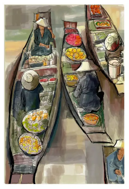 Vector illustration of Boats in a floating market in Thailand