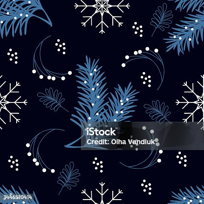 istock Seamless background with snowflakes, a Christmas tree on a dark background. Vector illustration. Suitable for greeting cards, wrapping paper. Merry Christmas, Happy New Year. Seamless winter pattern. 1446510414