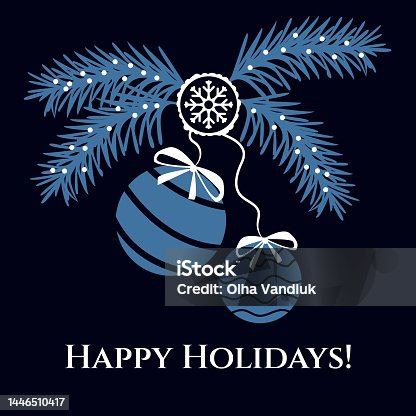istock Holiday cards with a tree, Christmas decorations, snowflakes on a dark background. Merry Christmas and Happy New Year. 1446510417