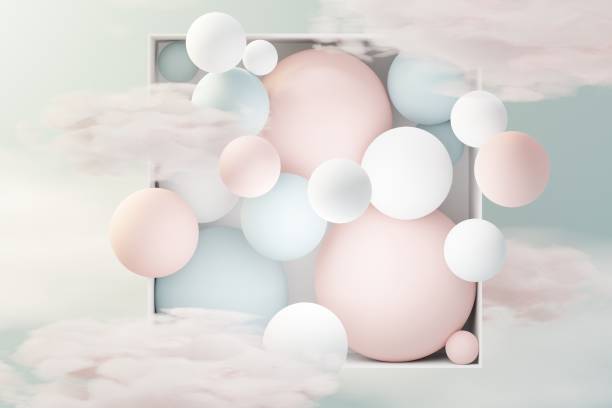 istock 3d render of pastel ball, soaps bubbles, blobs that floating on the air with fluffy clouds and ocean. Romance land of dream scene. Natural abstract dreamy sky. 1446511015