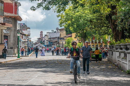 Coatepec, Veracruz, Mexico- September 25, 2022: Street view of magical town of Coatepec, Veracruz, Mexico at a sunny day