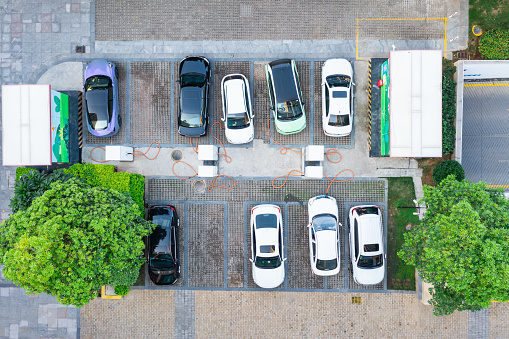Aerial view of outdoor electric car charging station