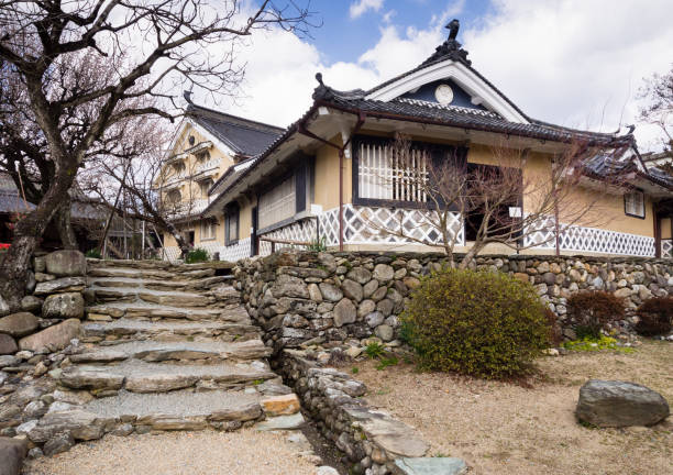 Early spring in Kamihaga residence, a traditional merchant house in historic Uchiko town stock photo