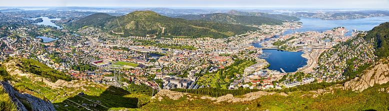 Panoramic aerial view of Bergen at summer, Norway