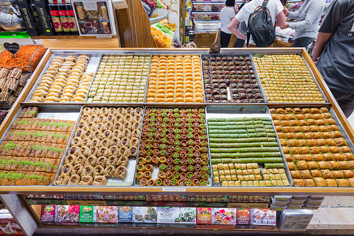 Istanbul, Turkey - May 23, 2022: Various types of baklava at the Grand Bazaar in Istanbul