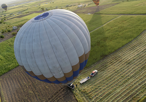 Hot air balloon flying near Goreme in Cappadocia, Turkey. Copy space. Write your message.