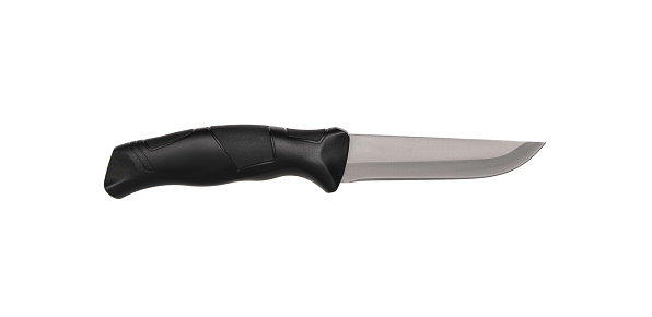 Modern hunting knife with black blade and plastic handle. Steel arms. Isolate on a white background.