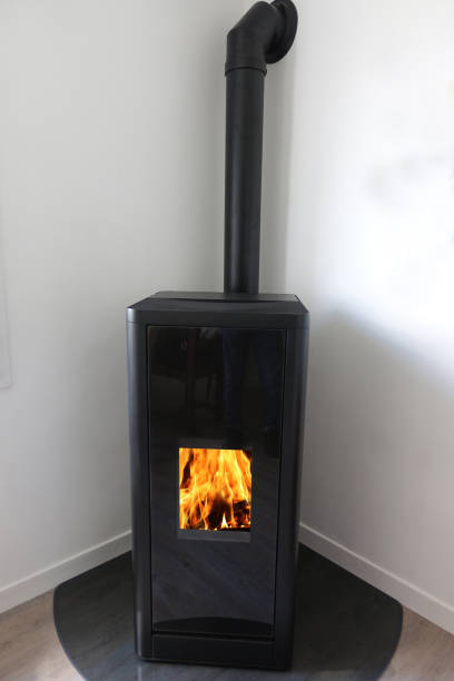 istock Working fireplace hearth with firewood flames  house interior 1446520482
