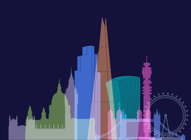 London Skyline Colourful overlapping silhouettes of famous London Buildings. Tourism, United Kingdom, Leisure, Holiday tower bridge london england bridge europe stock illustrations