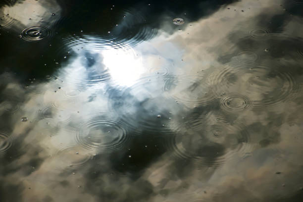 Partly cloudy skies reflected in a rain puddle