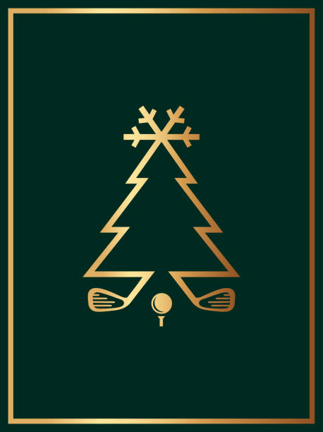 illustrations, cliparts, dessins animés et icônes de carte de vœux de noël golf - dessin au trait simple - ligne dorée sur fond vert - christmas gold green backgrounds