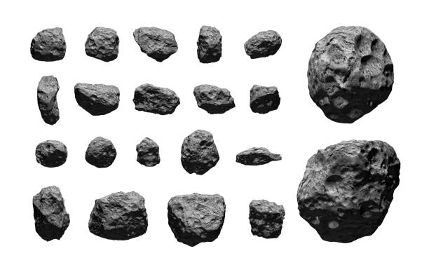 set of asteroids isolated on white background. - crater imagens e fotografias de stock