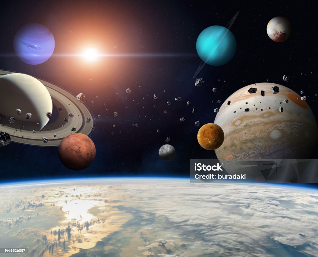 Earth and Solar system planets. Earth and solar system planets. Sun, Mercury, Venus, Earth, Mars, Jupiter, Saturn, Uranus, Neptune, Pluto, Asteroid Belt. Sci-fi background. Elements of this image furnished by NASA. ______ Url(s): https://photojournal.jpl.nasa.gov/catalog/PIA00271  https://photojournal.jpl.nasa.gov/jpeg/PIA15160.jpg  https://images.nasa.gov/details-PIA01492  https://solarsystem.nasa.gov/resources/17549/saturn-mosaic-ian-regan  https://images.nasa.gov/details-PIA21061 https://mars.nasa.gov/resources/6453/valles-marineris-hemisphere-enhanced/  https://images.nasa.gov/details-PIA23121  https://images.nasa.gov/details-PIA22946  https://earthobservatory.nasa.gov/images/145363/cloudy-sulawesi Outer Space Stock Photo