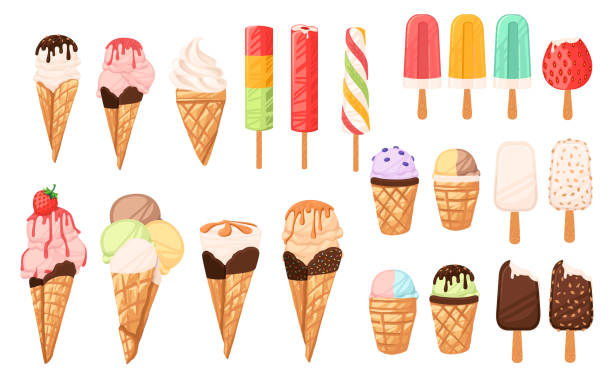 zestaw różnych lodów, rożek i batonów, lody o różnych smakach, czekolada, wanilia i owoce, ilustracja wektorowa na białym tle - ice cream cone ice cream vanilla ice cream isolated stock illustrations